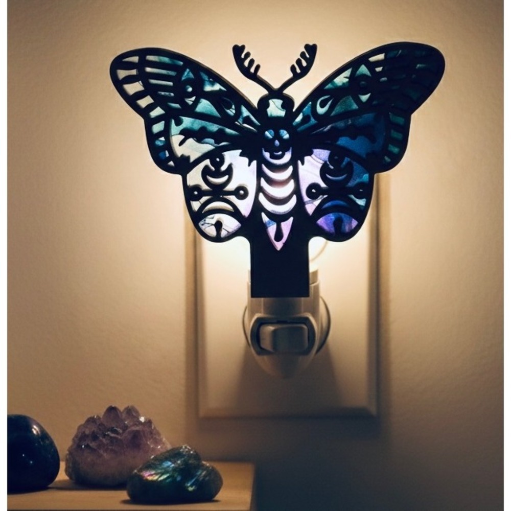 Handmade Death Moth Night‎ Light Wooden Laser Cut Blue Purple Teal Illuminated